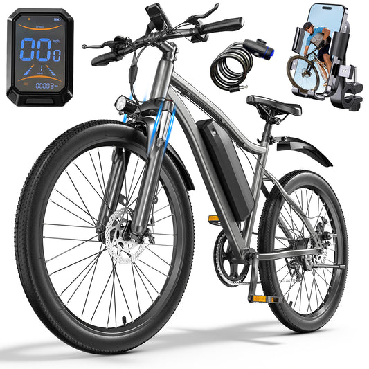 Commuter Electric Bikes for Adults, 26" Ebikes with 5-Level Pedal Assist & 7-Speed Gears, 25MPH, 720W Motor, 375Wh Battery, 50 Miles, Lockable Suspension Fork, Lightweight City Electric Bicycle
