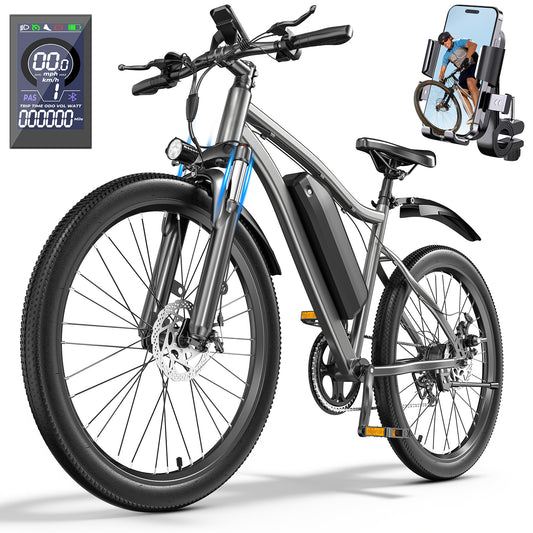 Commuter Electric Bikes for Adults, 26" Ebikes with 5-Level Pedal Assist & 7-Speed Gears, 25MPH, 720W Motor, 375Wh Battery, 50 Miles, Lockable Suspension Fork, Lightweight City Electric Bicycle