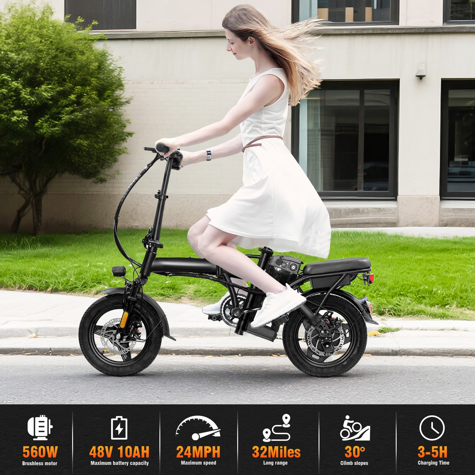 Folding Electric Bike for Adults, 560W Motor, 48V Battery, 24MPH | Dual Disc Brakes | 3-Level Pedals Assist | 14" Compact Foldable | UL 2849 Certified | Commuter City ebike