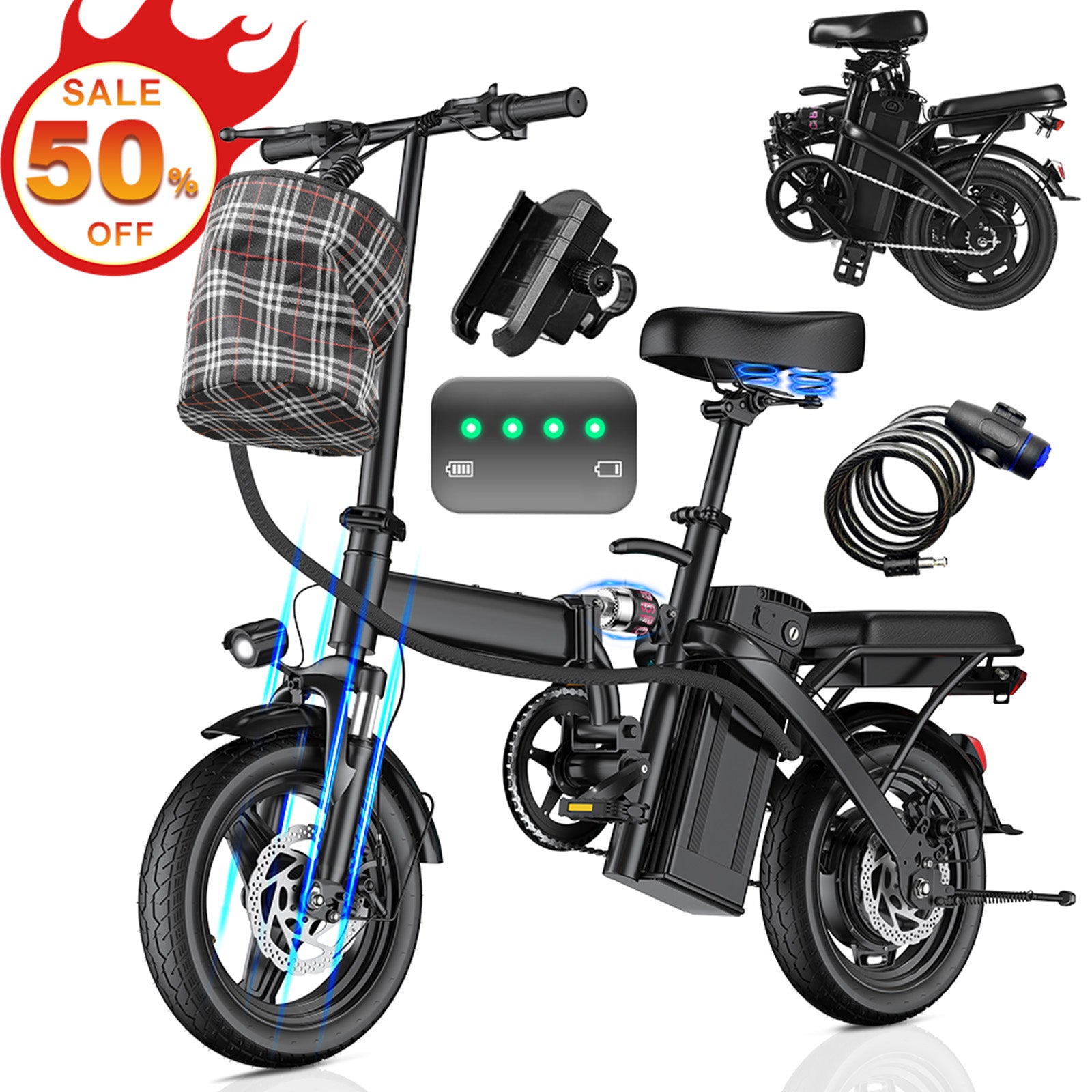 Folding Electric Bike for Adults and Teens, 560W Motor 24MPH Compact Commuter Ebike, 32 Miles Range, 48V 10Ah Battery, 3-Level Pedal Assist, 14" Foldable Mini Electric Bicycle, UL 2849 Certified