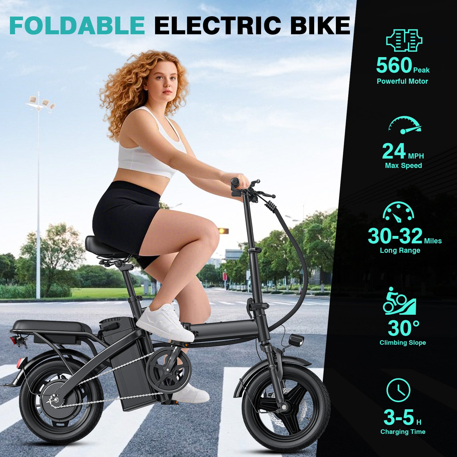 Folding Electric Bike for Adults and Teens, 560W Motor 24MPH Compact Commuter Ebike, 32 Miles Range, 48V 10Ah Battery, 3-Level Pedal Assist, 14" Foldable Mini Electric Bicycle, UL 2849 Certified