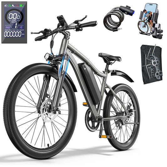 Commuter Electric Bikes for Adults, 26" Ebikes with 5-Level Pedal Assist & 7-Speed Gears, 25MPH, 720W Motor, 375Wh Battery, 50 Miles, Lockable Suspension Fork, Lightweight City Electric Bicycle